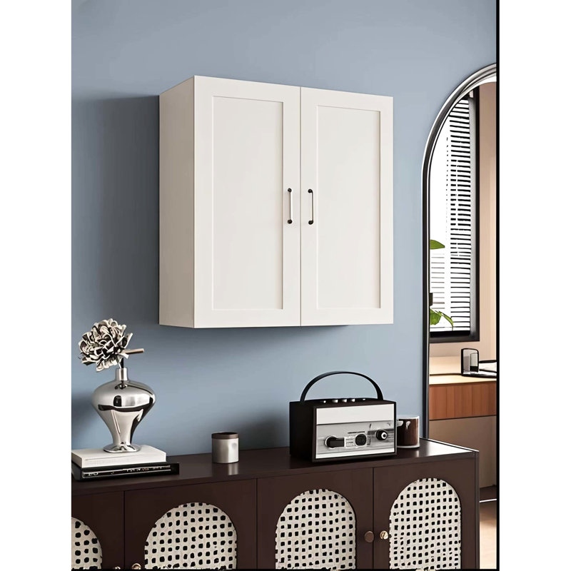 Armoire murale blanche laquée avec 2 portes et 3 tablettes pour le rangement dans plusieurs pièces, tablettes réglables, caoutchouc (23 po)
