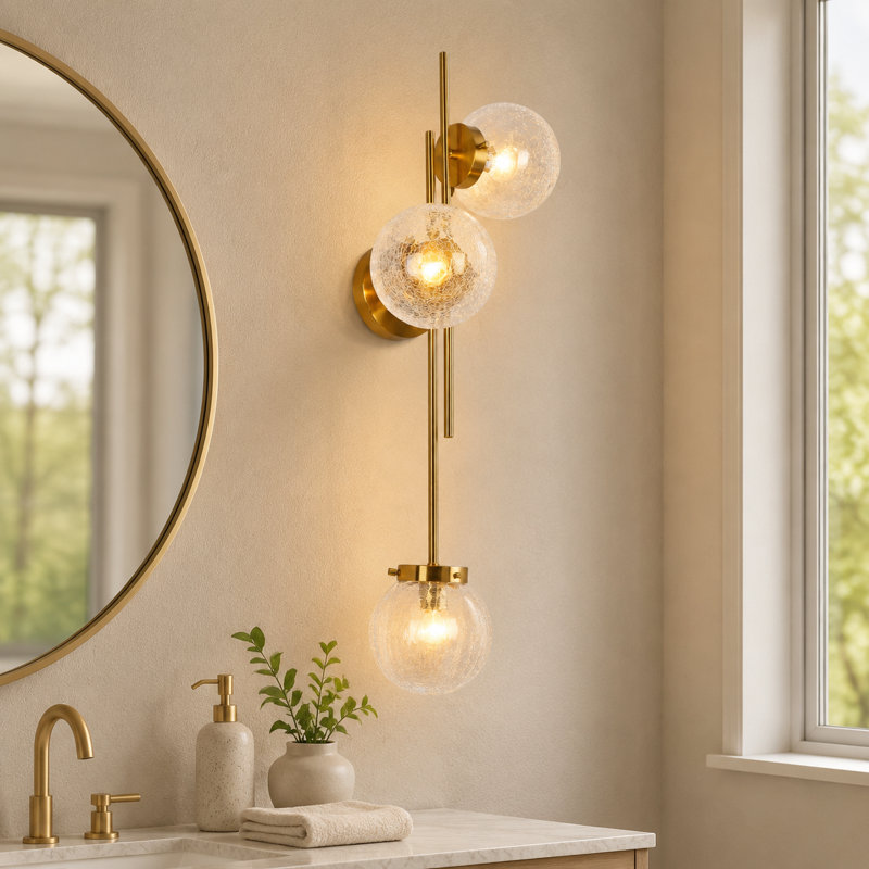 Jenavicia 30" H 3-Light Brass Metal Armed Sconce with Hand-Blown Cracked Glass Shades