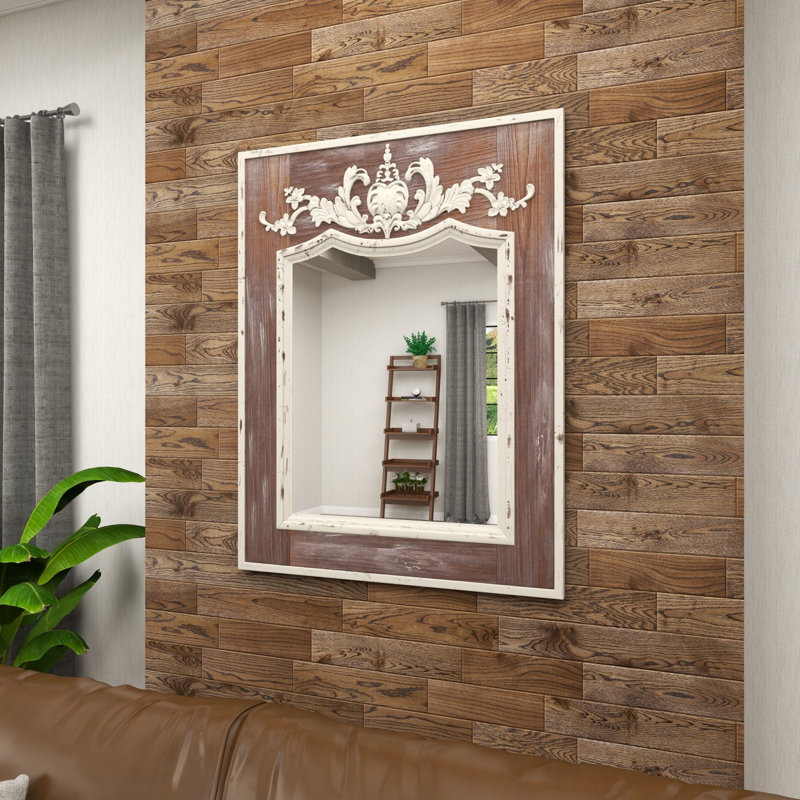 Eberhart Wood Vintage Inspired Acanthus Scroll Floral Brown Wall Mirror with Distressed Cream Accents