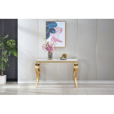 Console de 46,85 po en marbre, table de couloir longue et étroite avec base en acier inoxydable et plateau en faux marbre, table de canapé moderne pour le salon
