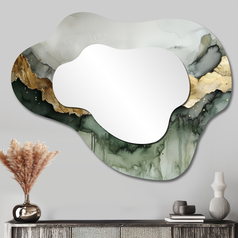 Ethereal Echo Of Emerald Calacatta Marble I - Abstract Asymmetrical Wall Mirror, Modern Vanity Mirror, Printed on Metal
