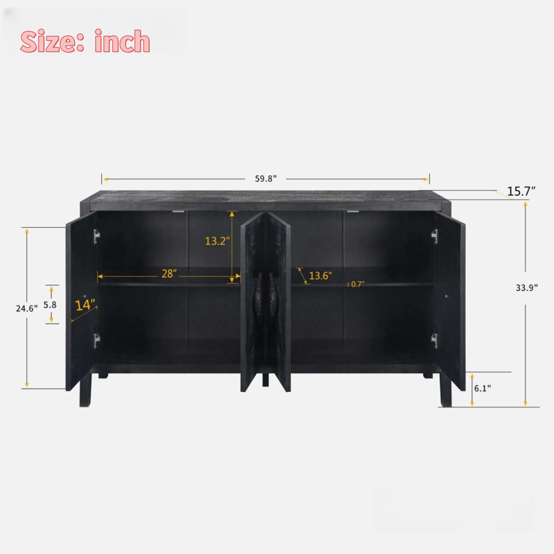 Buffet Lureen avec poignées de fleurs sculptées et tablettes réglables, Noir, noir, noir, noir