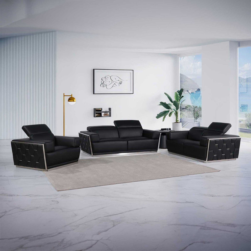 Ensemble de canapés modernes en cuir véritable Lua, 3 pièces, Cuir véritable noir