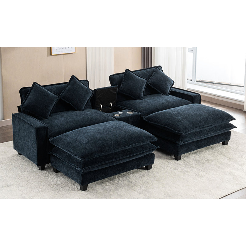 111" In Blue Chenille, Double Cushion, Charging, Cup Holders, And Large Hidden Storage American Style , With Ports, Removable Ottomans