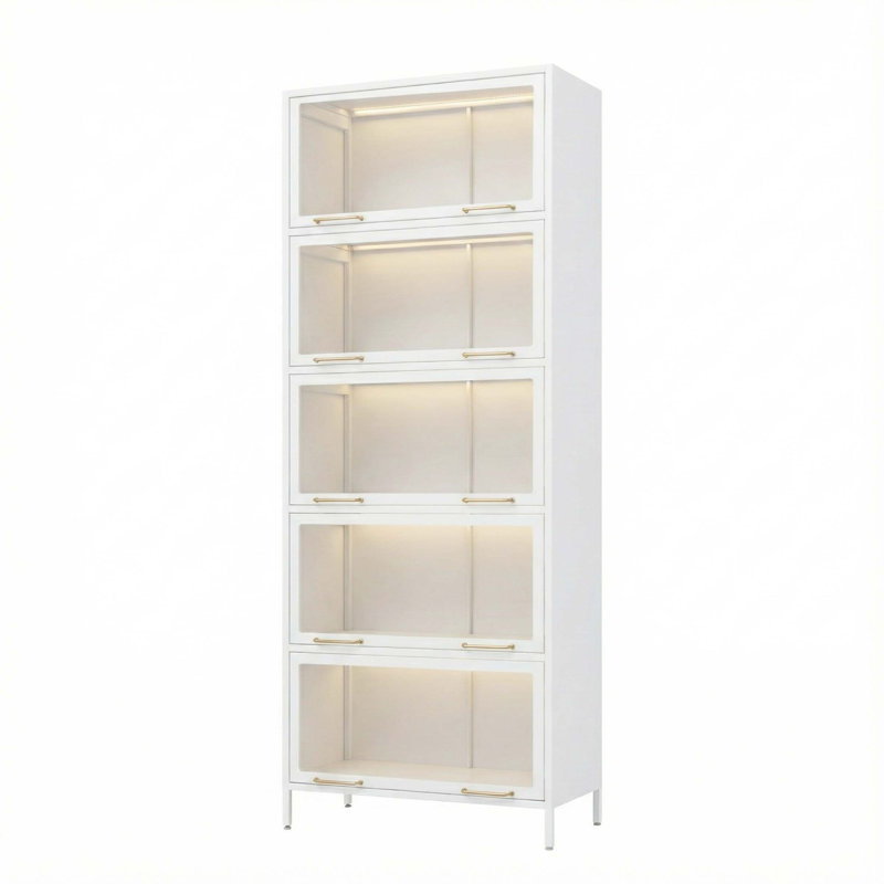 Modern Iron Display Cabinet with LED Lighting and Flip-Up Glass Doors, White
