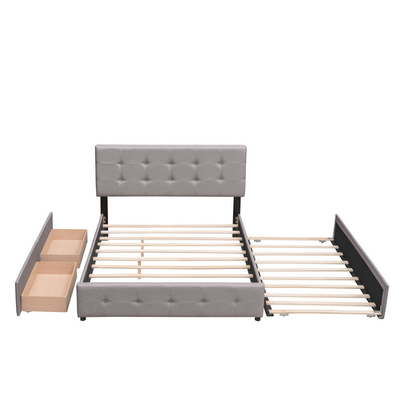 Upholstered Platform Bed With 2 Drawers And Twin Xl Trundle In Delicate Gray Storage- &, Full, Light Gray