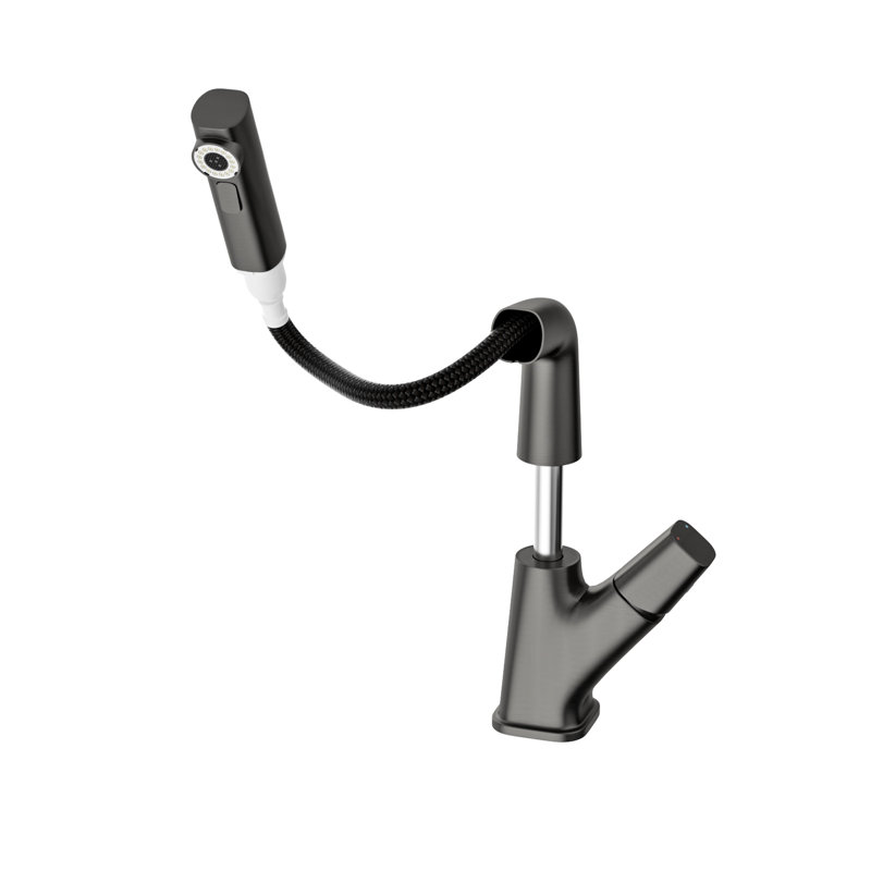 Robinet de salle de bain escamotable avec trois modes d'eau, finition noire bronze, tuyaux d'alimentation de 90 cm, bec rotatif à 360 °, système de contrôle froid / chaud, complet pour une installation rapide, valve en céramique à bon fonctionnement