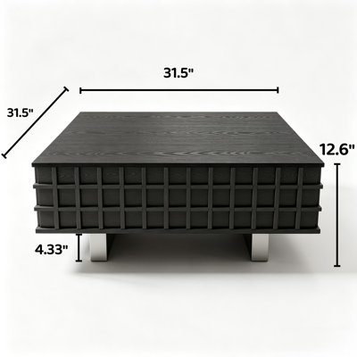 Table basse 31,5 "carrée en placage de chêne noir avec 2 tiroirs de rangement et pieds en acier inoxydable