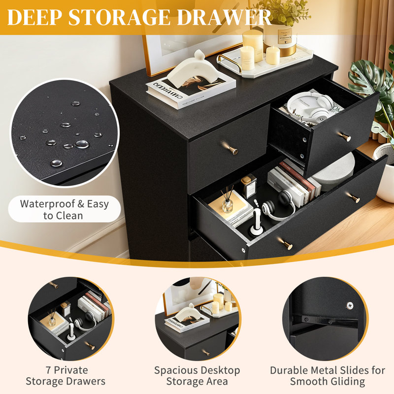 Large 7-Drawer Storage Cabinet With Sturdy Construction Wood Storage Organizer For Closet , Black