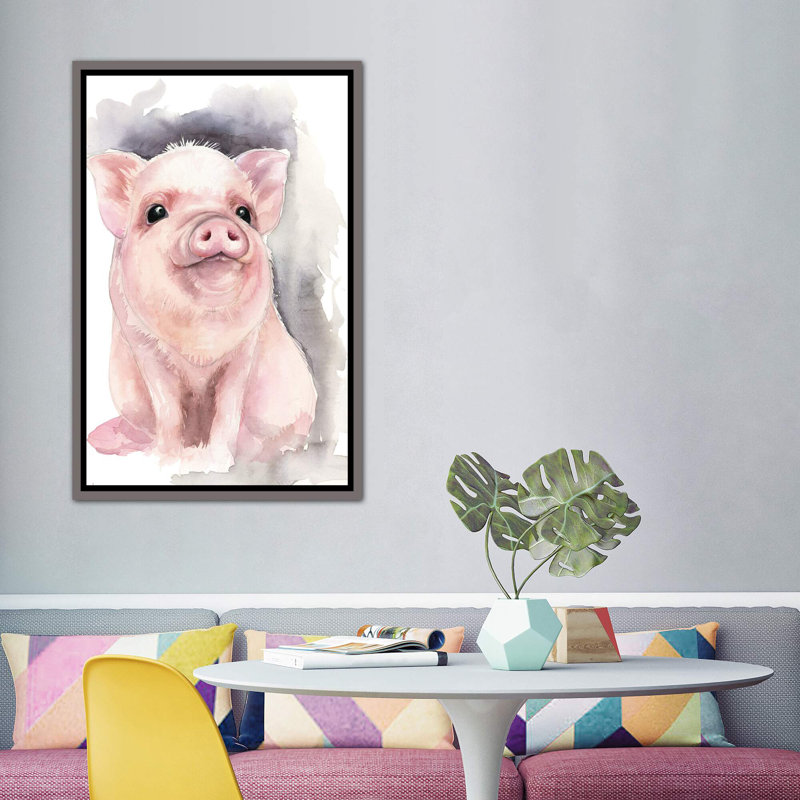 Décoration murale cochon pour enfants, H 60 po x l 40po x P 1,5 po, Toile avec cadre gris foncé rustique