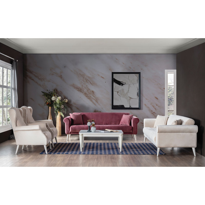 Canapé trois places Deco Class, Velours rose, Blanc