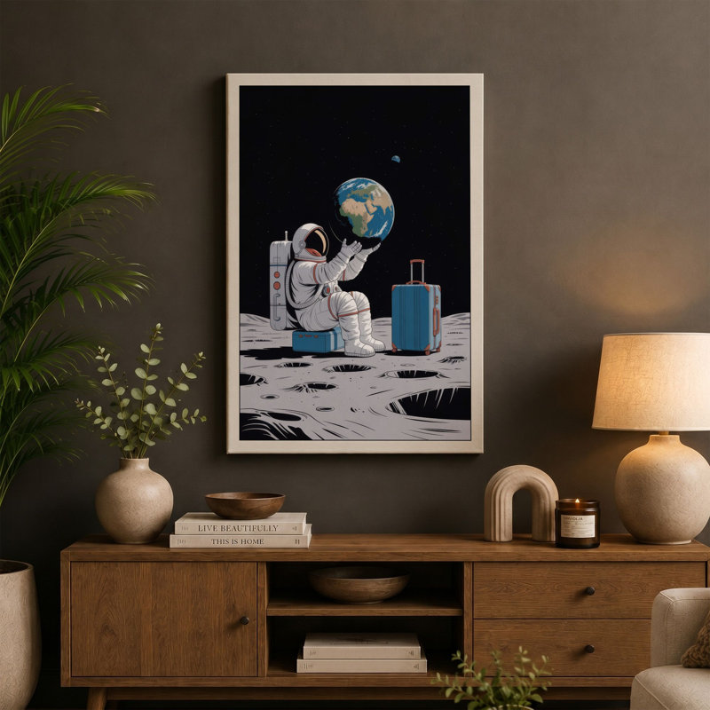 Astronaut on the Moon Modern - Wrapped Canvas, 36x24 - 91.4 x 61.0 cm, Terracotta Border