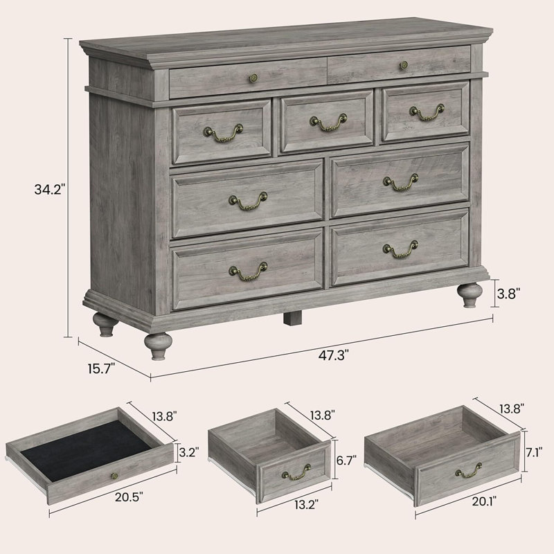 120.1 cm W Chest of 9 Drawers, Grey