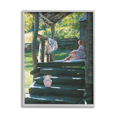 «Girl Sitting on Cottage Porch with Quilt» par Heide Presse - reproduction d'art