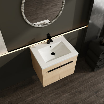 Meuble-lavabo de 24 po en chêne - Lavabo de comptoir en résine, armoire 2 portes, bois d'ingénierie robuste, armoire de style américain avec portes, look