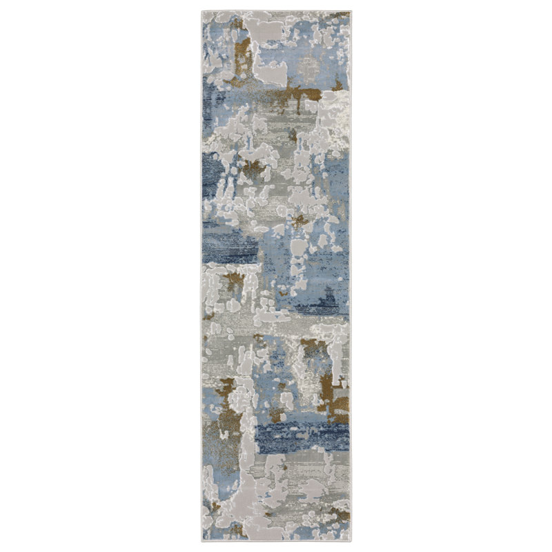 Abstract Machine Made Area Rug in Blue and Gray, Runner 2'3" x 7'6"