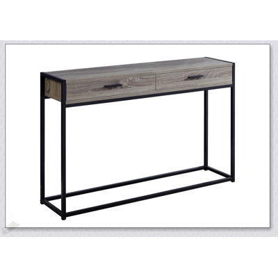 Console étroite en stratifié gris avec tiroir de rangement et base en métal durable, parfaite pour les entrées et les petits espaces.