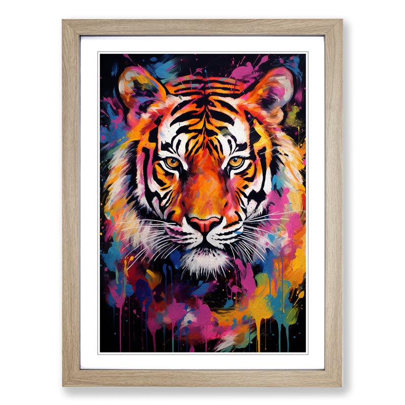 Tiger Colour Field No.2 - Single Picture Frame Rectangle Print on Wood, 64cm H x 46cm W x 2cm D, Oak