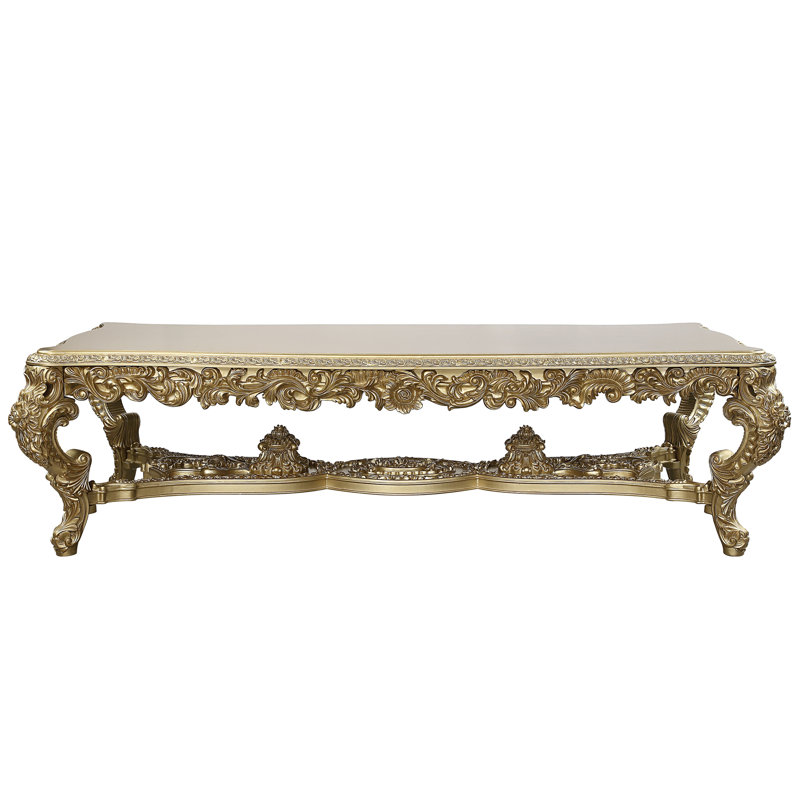 Table de salle à manger Rexx, plateau en bois doré sculpté classique, plateau rectangulaire de 111 pouces