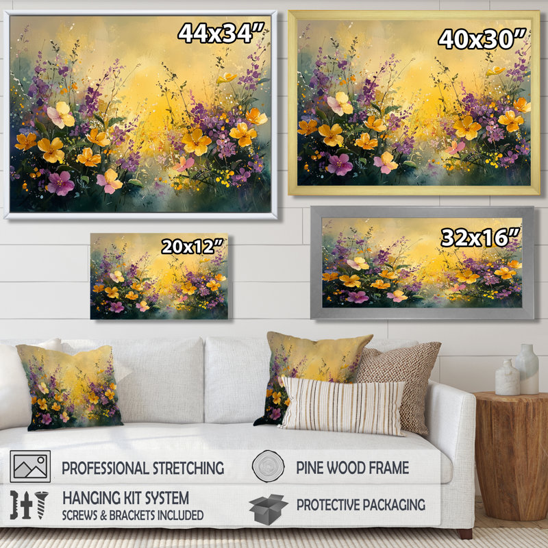 Ireneo Golden Wildflowers Greenish Horizons I - fleurs sauvages, art mural, H 34 po x l 44 po, Impression encadrée flottante