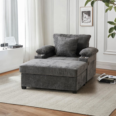 Chaise Lounge Chair Indoor with Ottoman, 38.6"W Chenille Sofa with USB Charging Port&Cup Holders, Modern Cozy Chaise with Storage Armrests&Side Pocket by Ebern Designs
