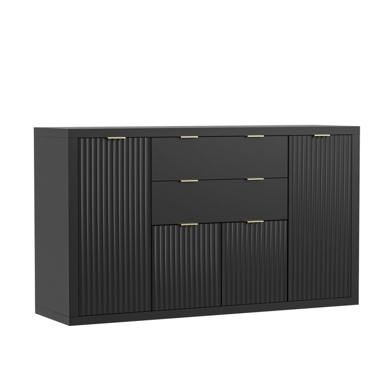56” W Sideboard Buffet with 2 Drawers, Storage Cabinets, Buffet Table with Adjustable Shelves, Black