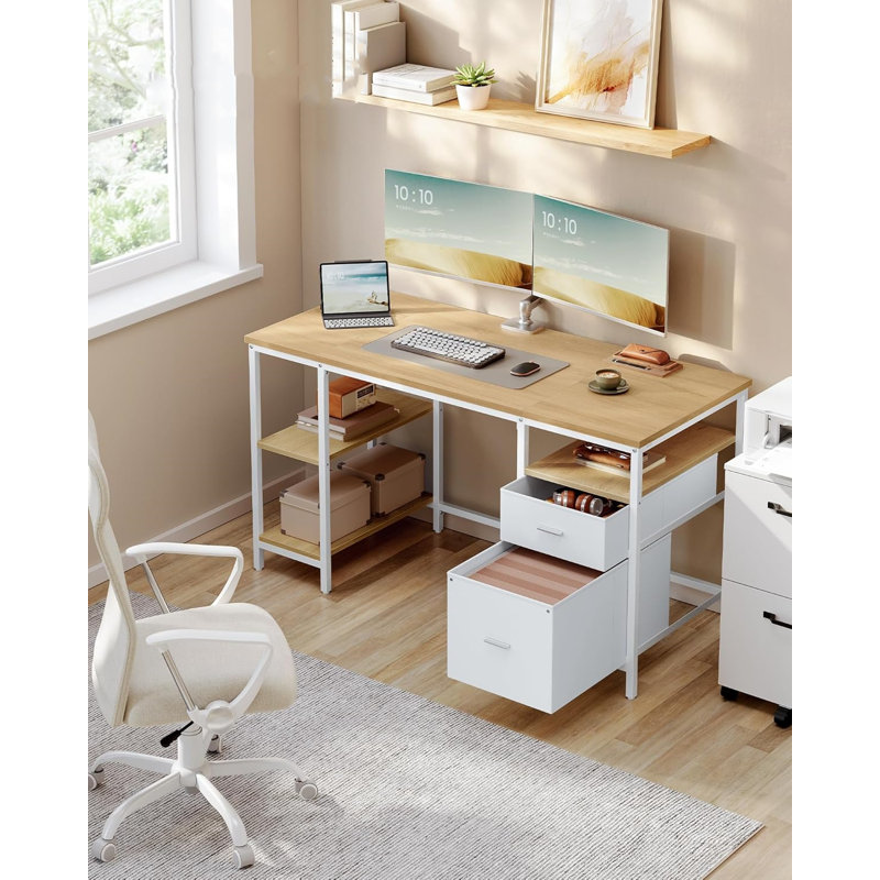 Computer Writing Desk with Shelves Drawers 60 140 76 cm Industrial Style, Natural/White