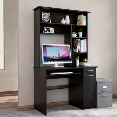 Élégant bureau d'ordinateur à panneau de particules noir avec huche, plusieurs tablettes, plateau à clavier et tiroir pour l'organisation du bureau à domicile