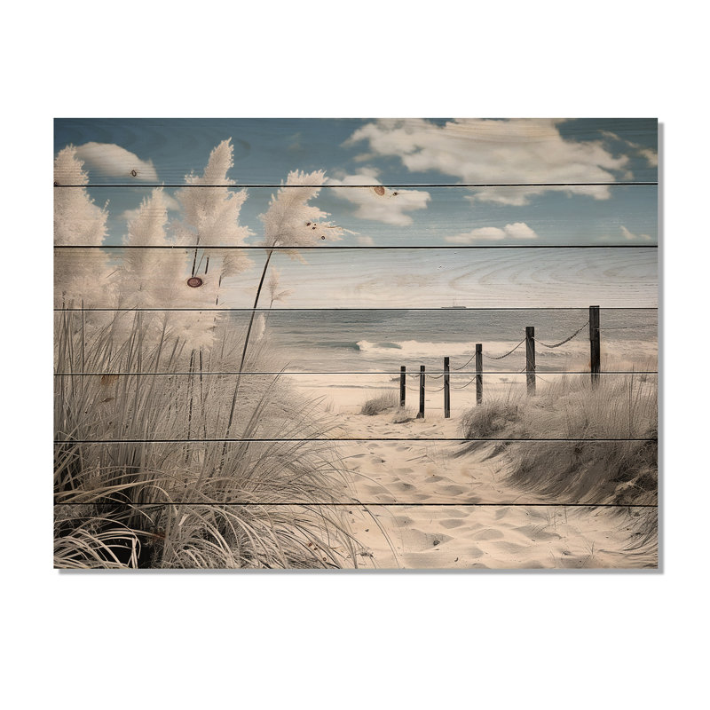 Plage, paysage marin, rêves, chemin II - impression nautique et plage sur bois de pin naturel, H 10 po x l 20 po x P 0,78 po