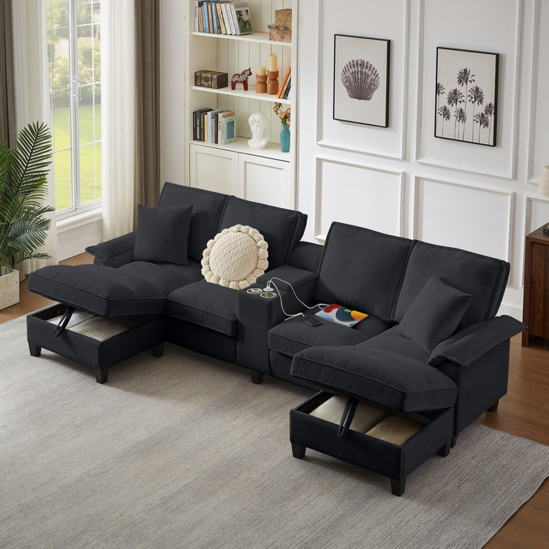 Canapé modulaire en velours côtelé avec rangement Jilisa, Velours côtelé noir