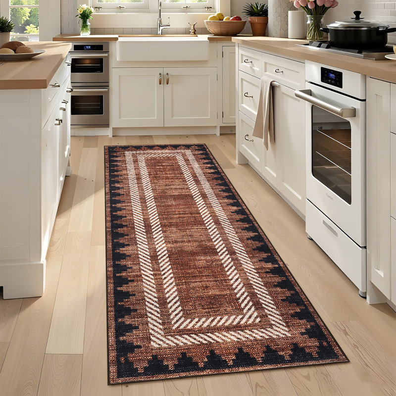 Tapis lavable Geometic Border, Red, Tapis de couloir 2 pi x 6 pi