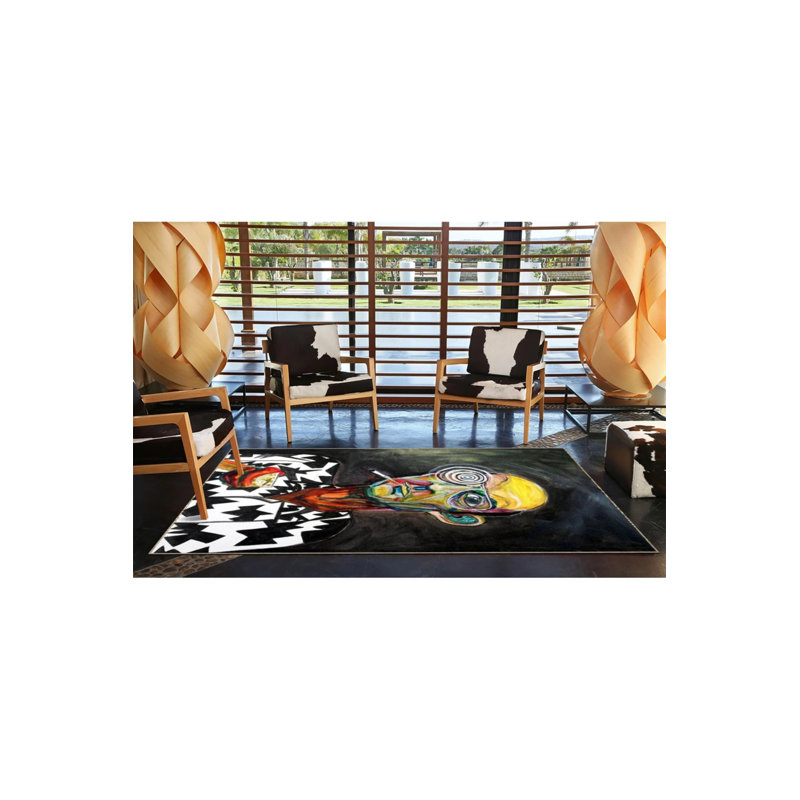 Surrealist Black Abstract Washable Indoor/Outdoor Area Rug, Rectangle 5' x 8'