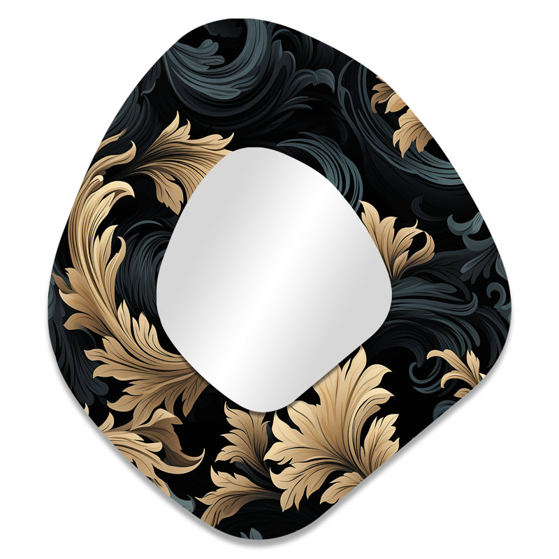 Black And Gold Damask Flower Blossoms III - Damask Unique Shape Unique Wall Mirror Decor, Black Asymmetrical Large Mirror, Printed Metal Art