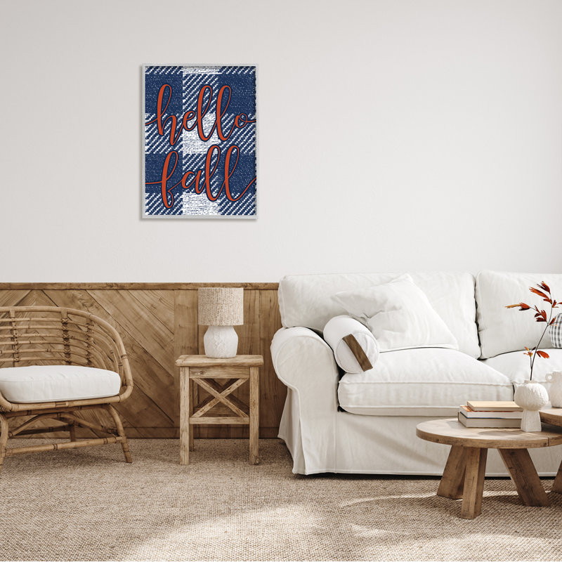 «Hello Fall Greeting Bold Typographie Checker Blue Plaid» par Daphne Polselli - Art textuel, H 30 po x l 24 po