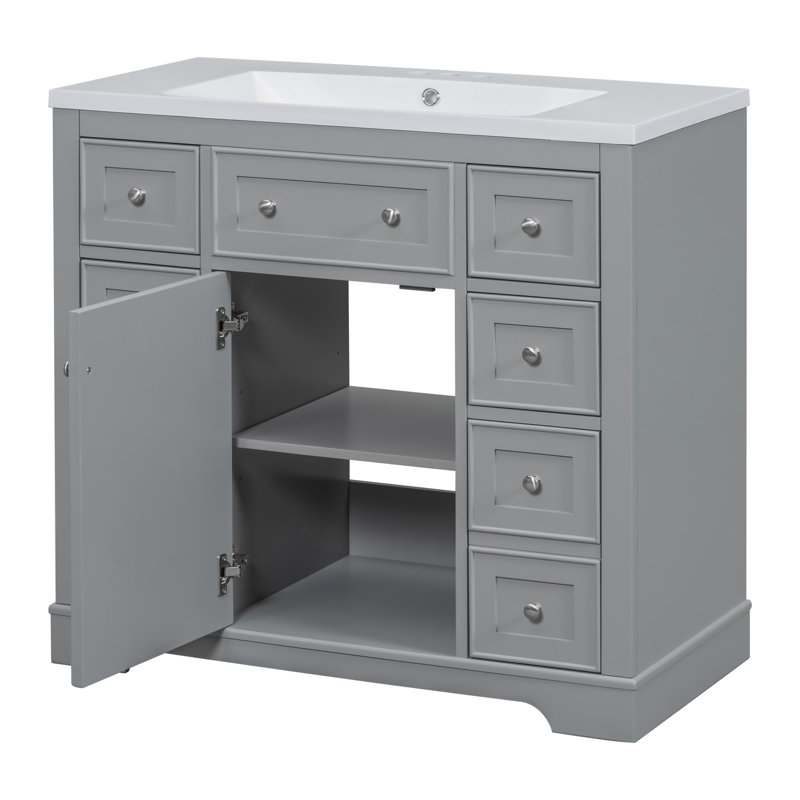 36" Bathroom Vanity With Sink Combo, One Cabinet And Six Drawers, Solid Wood And Mdf Board, Grey