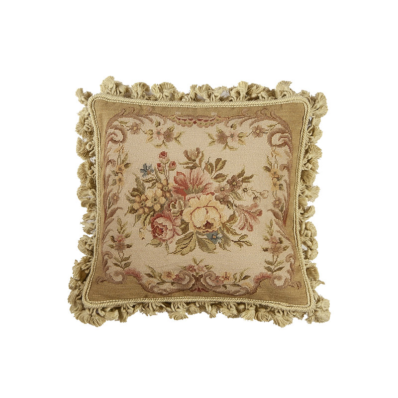 Needlepoint Square Pillow Cover & Insert, Beige Floral 1, Square 16"