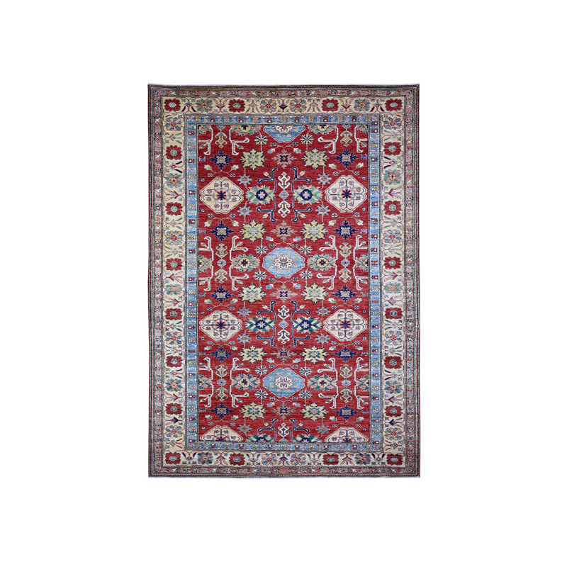 Tapis en laine doux noué à la main 6 pi 8 po x 9 pi 10 po rouge afghan Super Kazak Gul Motifs