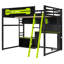 Lit mezzanine double en bois massif avec bureau, tablettes, lumières DEL, ports de recharge USB et panneau perforé, vert-404890464