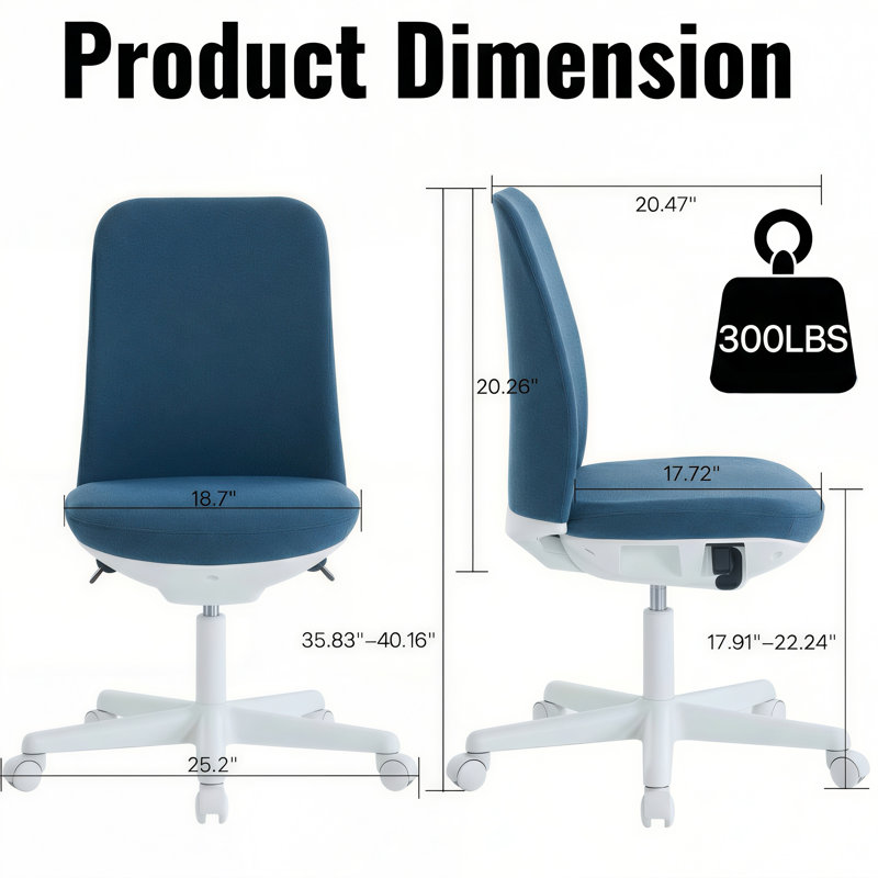 Upholstered Armless Task Chair, Swivel Desk Chair With Wheels, Adjustable Vanity Chair for Make Up, Blue