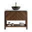 Meuble-lavabo de salle de bain 36 po Indigo, armoire de rangement autoportante en contreplaqué avec 2 portes diagonales et tablette ouverte, lavabo en céramique à motif de pierre noire et plateau en pierre frittée blanc de Carrare, grain de bois noyer foncé-130369468-130369474