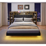 Floating Queen Bed Frame with LED Light and Bookcase Storage Headboard Queen Size Upholstered
