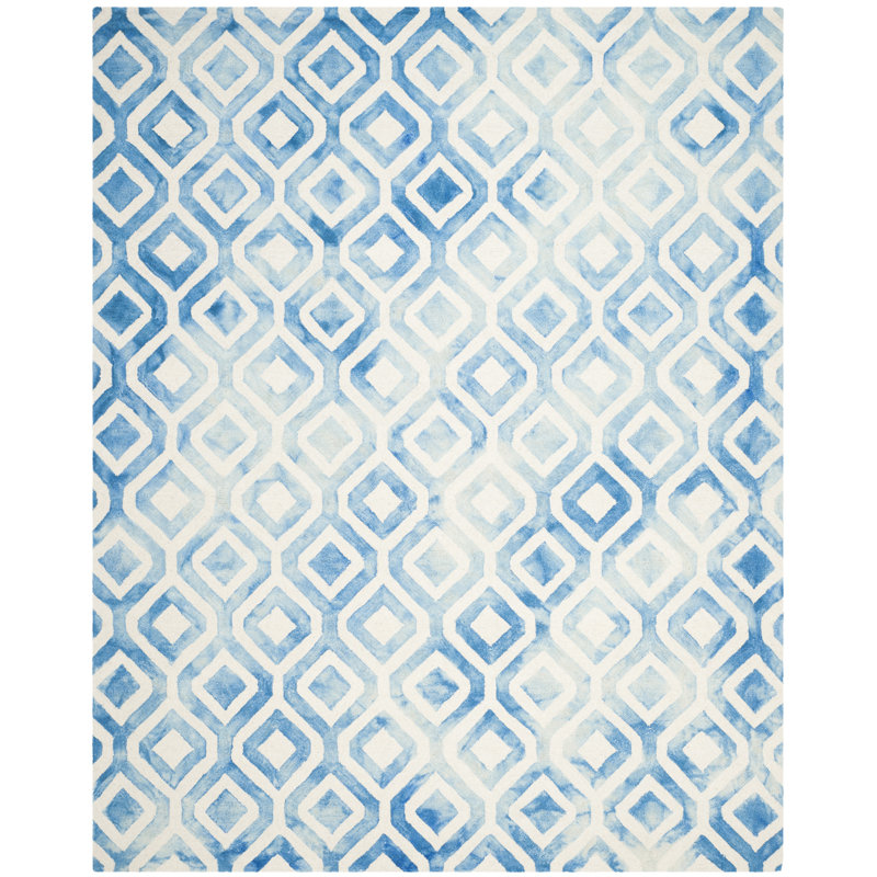 Bryauna Hand Tufted Wool/Cotton Geometric Rug in Ivory/Blue, Rectangle 2' x 3'