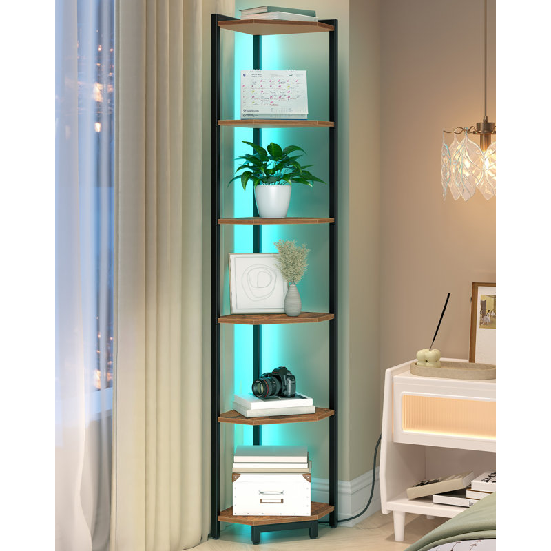 Corner Shelf with LED Light, 6-Tier Corner Bookshelf, Tall Narrow Display Bookcase with Metal Frame, Standing Shelf for Small Space, Living Room, Home Office, Bedroom, Rustic Brown