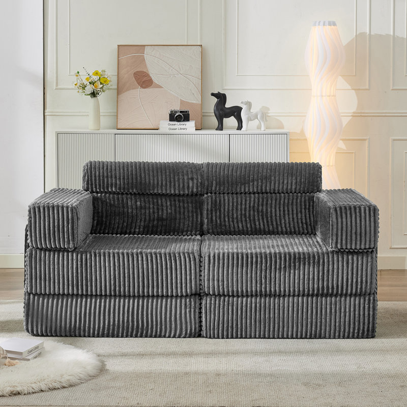 Sisler 71" Convertible Upholstered  Corner Modular Loveseat Compression Convertible Corduroy Sofa, No Assembly Required, with Storage Pockets, Sleeper Floor Couch