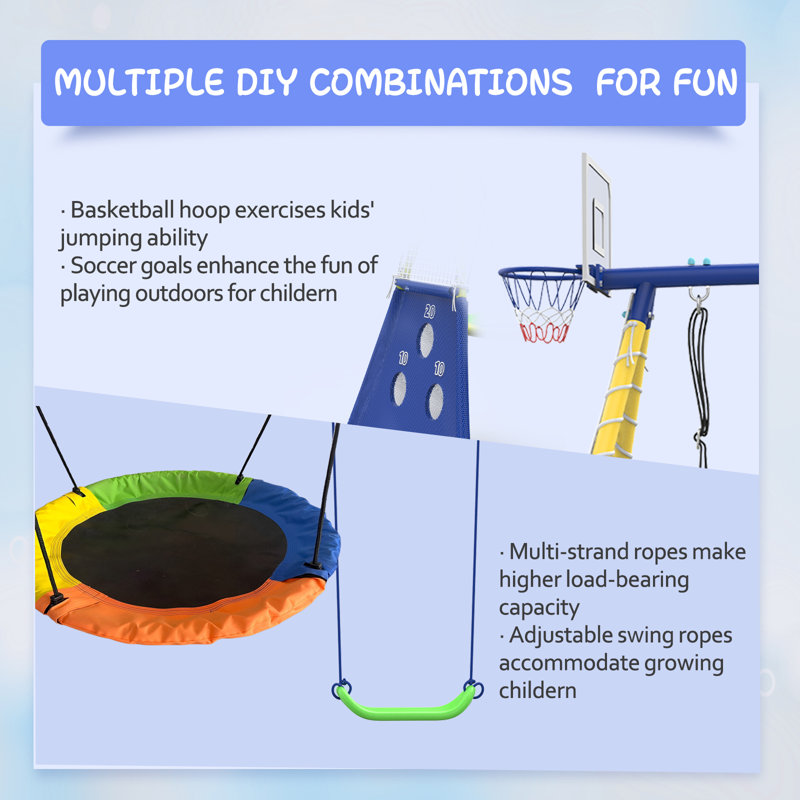 8-in-1 Kids Outdoor Playground Set, Blue & Pink Multi-Functional Backyard Swing Set with Slide, Basketball Hoop, Soccer Goal, 3 Types of Swings & Teeter Totter, Heavy-Duty Sturdy Metal Frame, Children's Outdoor Activity Center