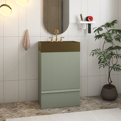 Meuble-lavabo moderne rayé de 20 po avec lavabo vasque en métal doré brossé intégré, armoire de salle de bain autoportante, lavabo une pièce en métal doré sans robinet, vert clair