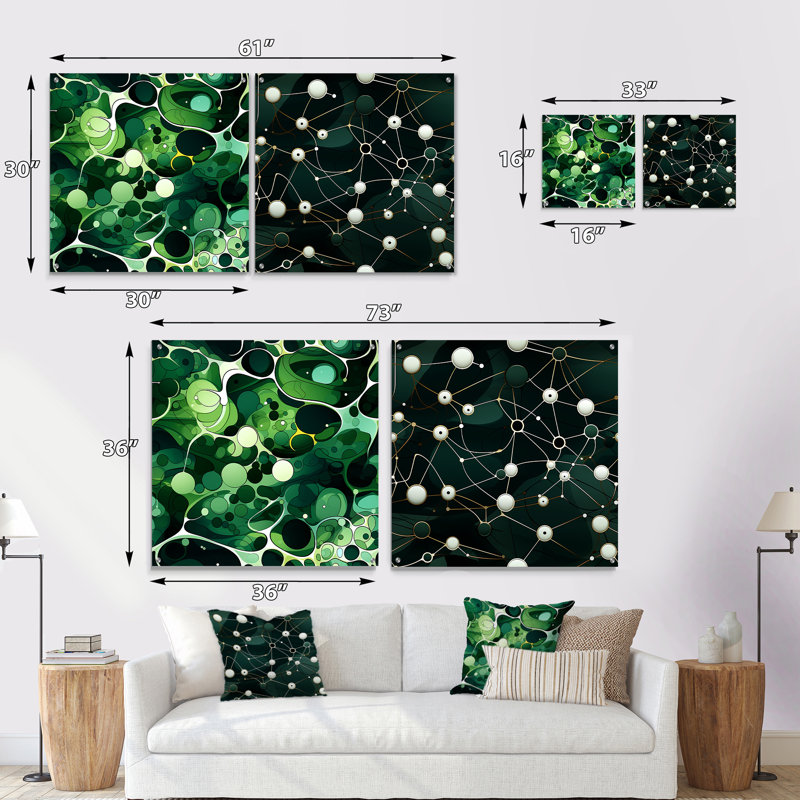 «Green Popart Techno Tangles» - Ensemble de 2 art mural abstrait en acrylique sur verre marbré, H 16 po x l 33 po