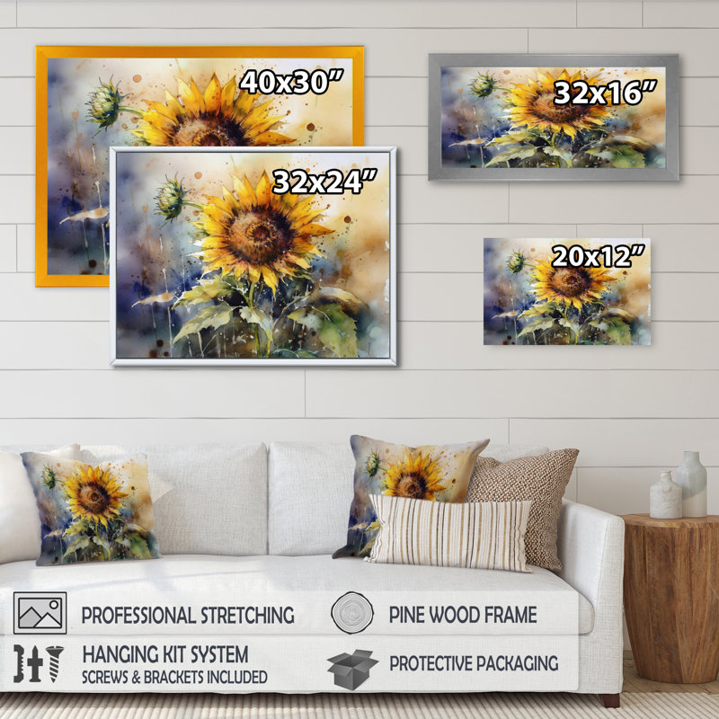 Jaune tournesol symphonie I - art mural tournesol, H 30 po x l 40 po x P 1,5 po, Encadrement argenté
