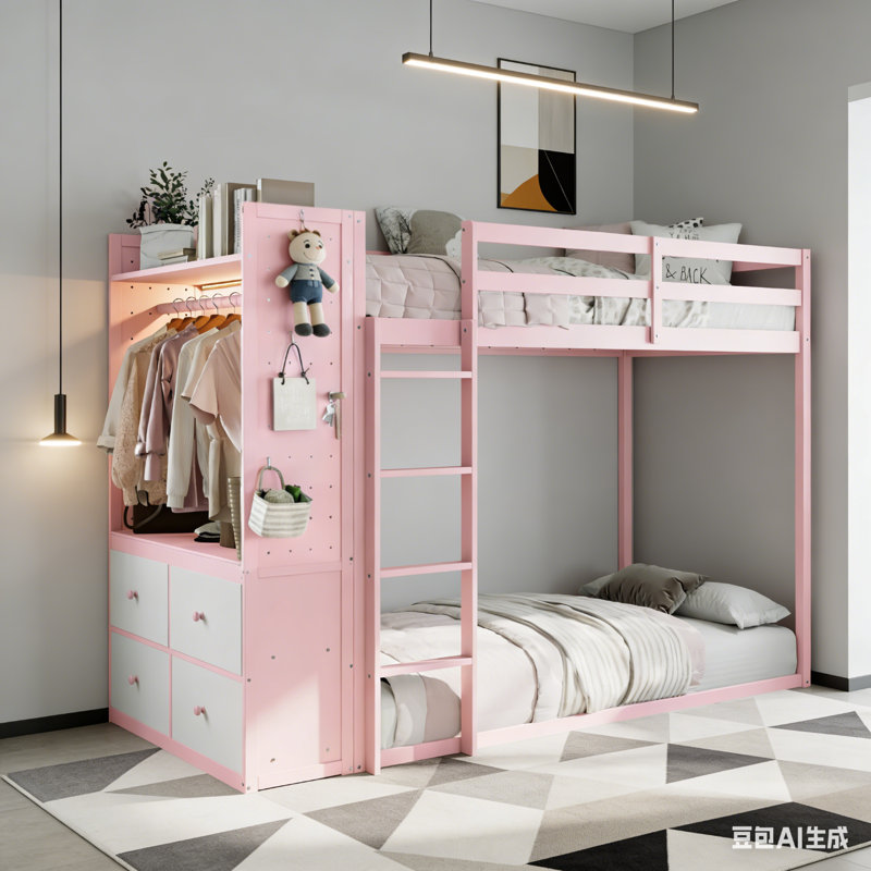 Lit superposé simple au-dessus de simple avec commode éclairée, support suspendu et tiroirs de rangement, Rose