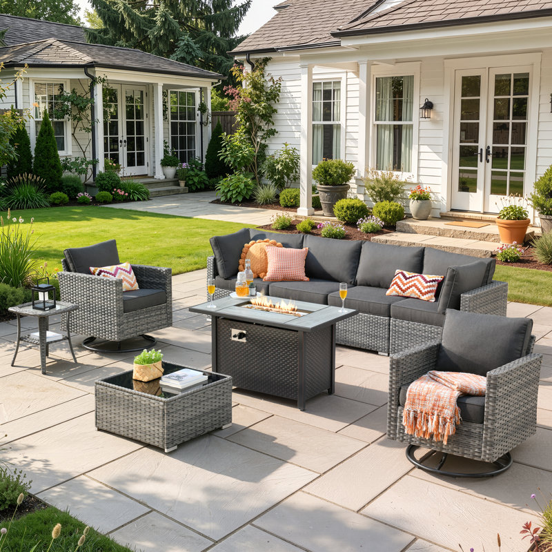 Ensemble de mobilier d'extérieur 9 pièces avec poêle, Noir, noir, noir, noir